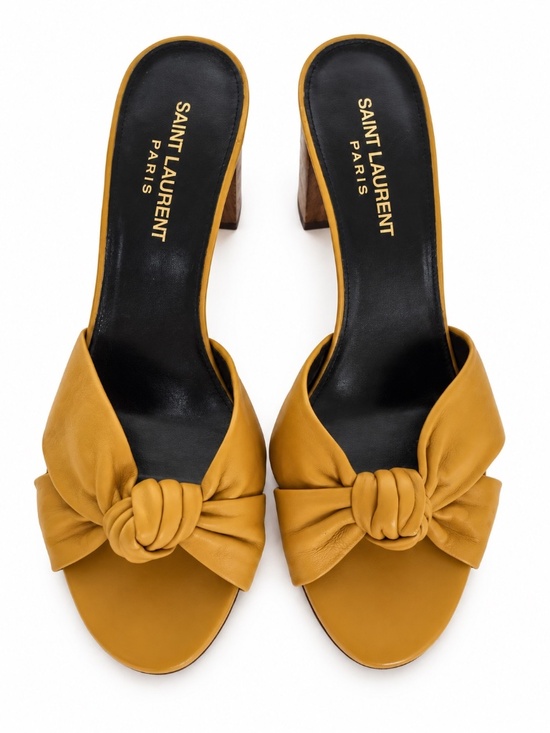 Saint Laurent Shoes - Saint Laurent YSL Mustard Leather Knot Wood Heel Mules Sandals Size 37.5
